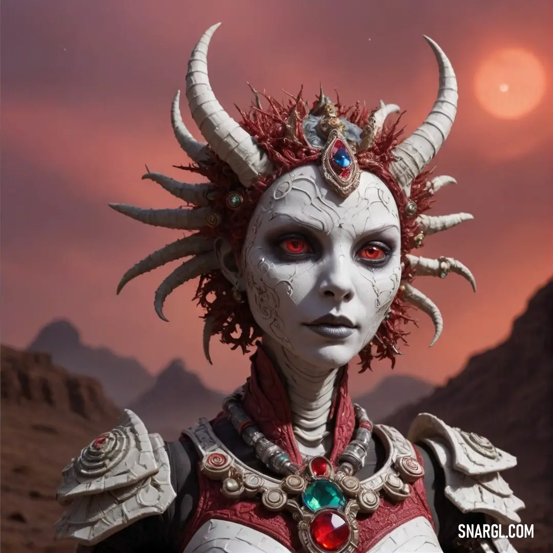 A mystical woman adorned with majestic horns, her pale visage set ablaze by deep red eyes. Dressed in a fantastical costume, she stands confidently, embodying the spirit of adventure against a backdrop of striking #632862 color.