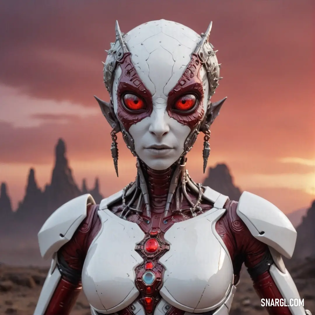 An enigmatic woman with striking red eyes and a ghostly white body, sporting a bright red nose and crimson accents on her chest, standing in an ethereal realm. Her captivating gaze enchants with a vibrant flair of #632862 color.