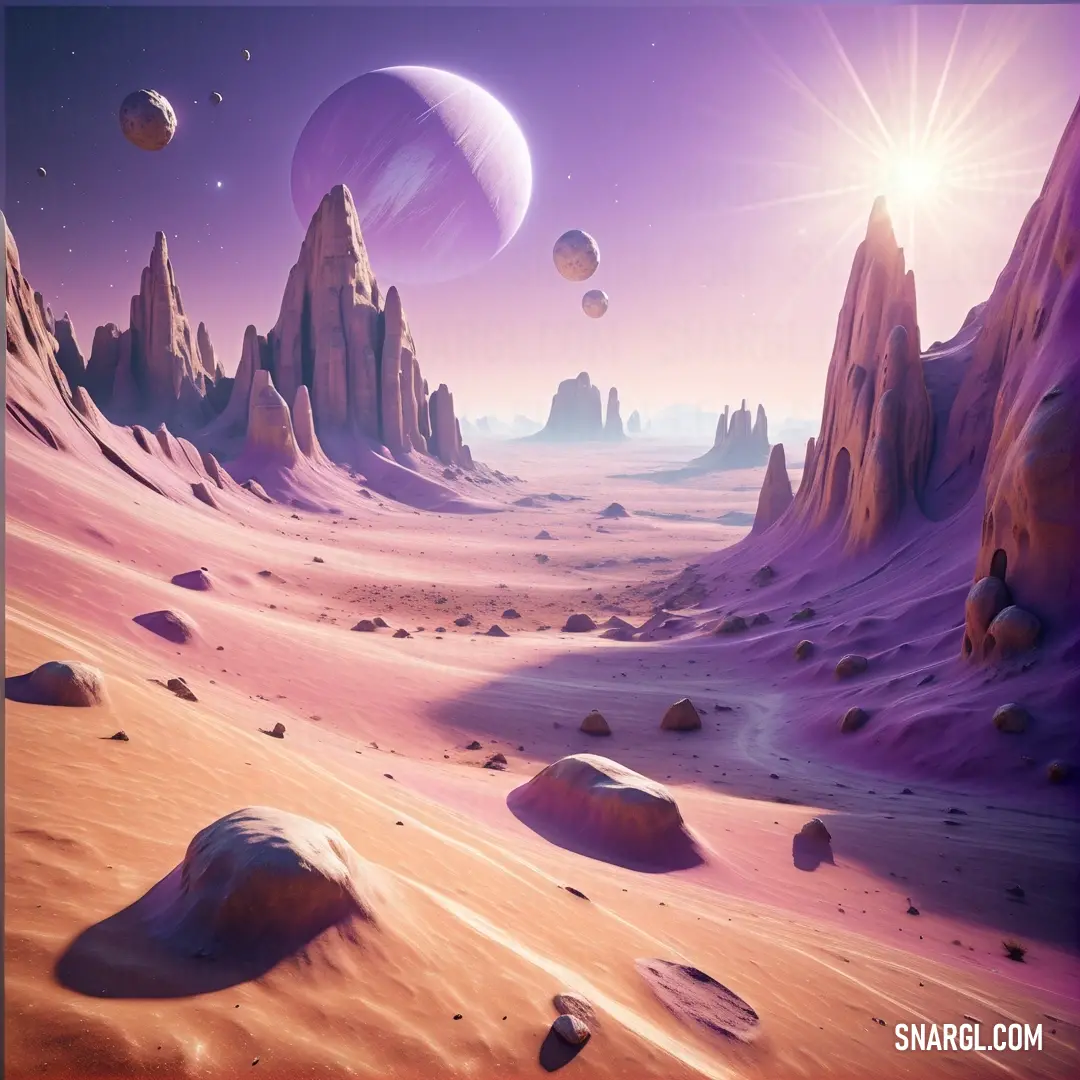 Painting of a desert with rocks and planets in the background. Example of CMYK 75,100,8,26 color.