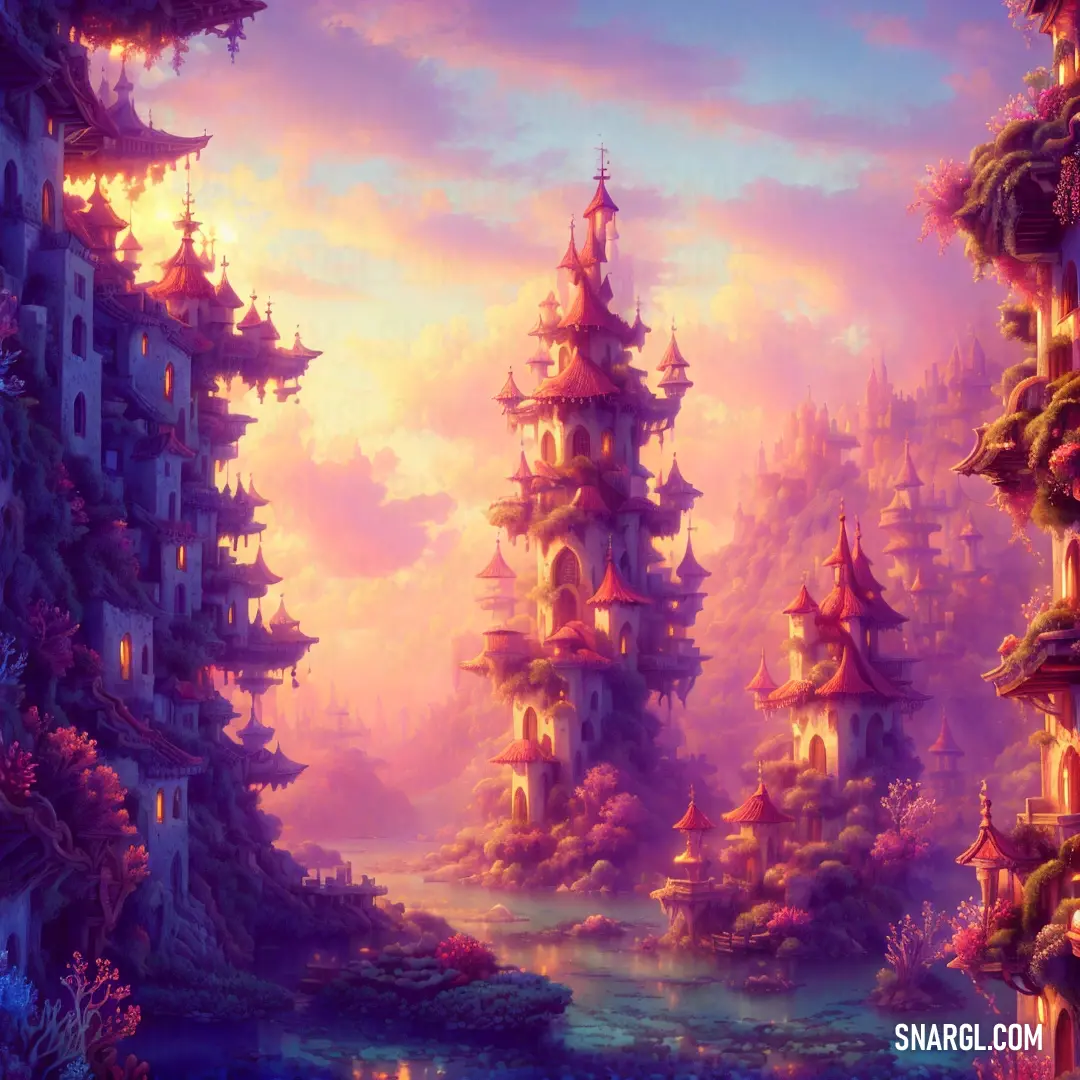 Painting of a fantasy city with a lake and trees in the foreground. Example of PANTONE 2623 color.