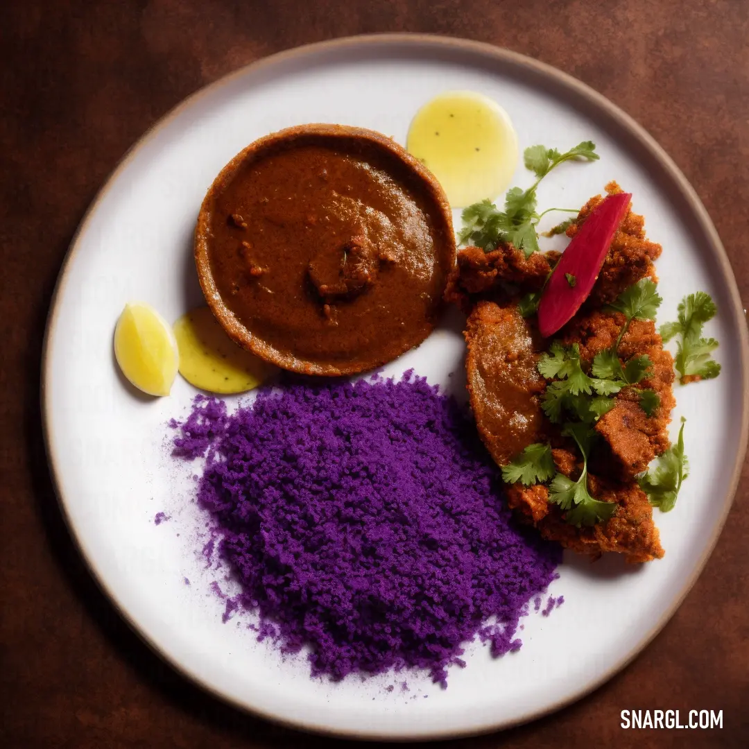 Plate of food with purple food and a sauce on it on a table top with a spoon and a spoon. Color RGB 97,44,105.