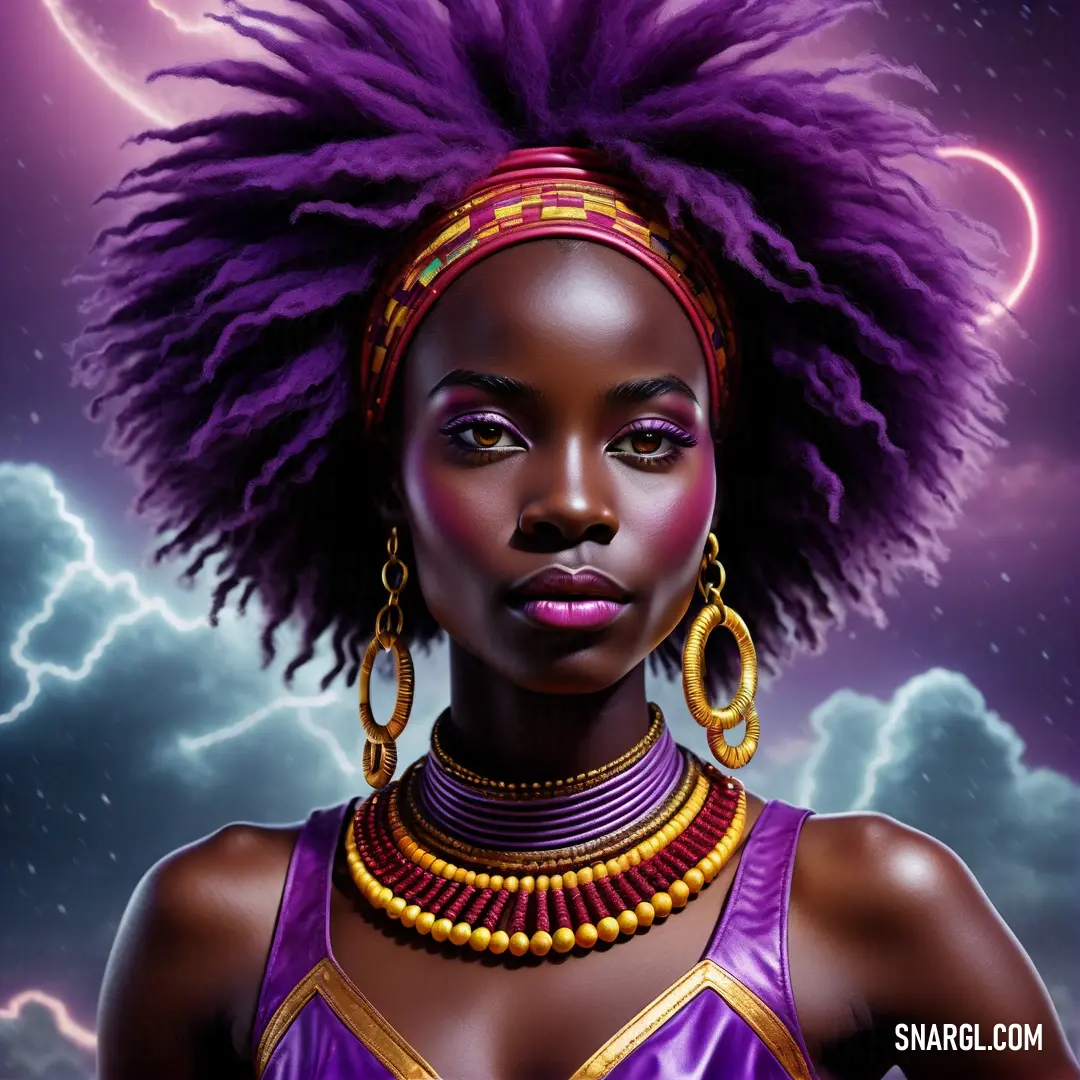 Woman with purple hair and a purple dress with gold jewelry on her neck and a purple sky with clouds and stars