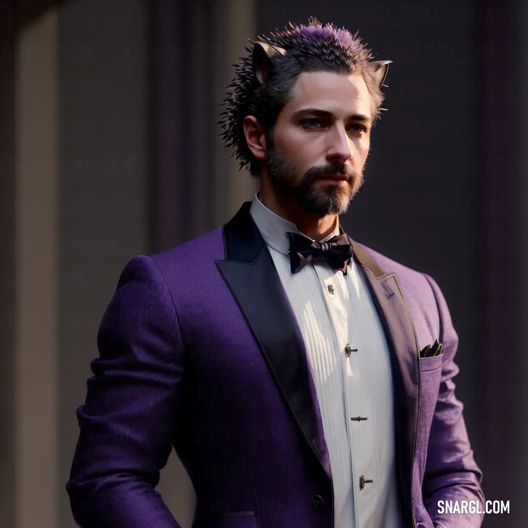 Man with spiked hair wearing a purple suit and bow tie and a beard with spiked hair on his head. Example of PANTONE 2627 color.