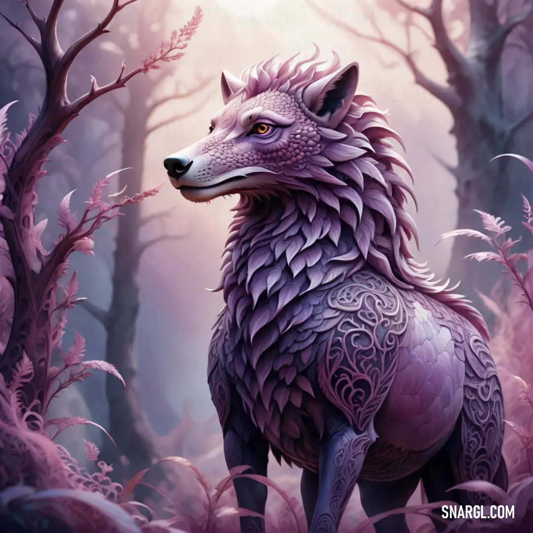 Painting of a wolf in a forest with trees and bushes in the background. Example of PANTONE 2635 color.