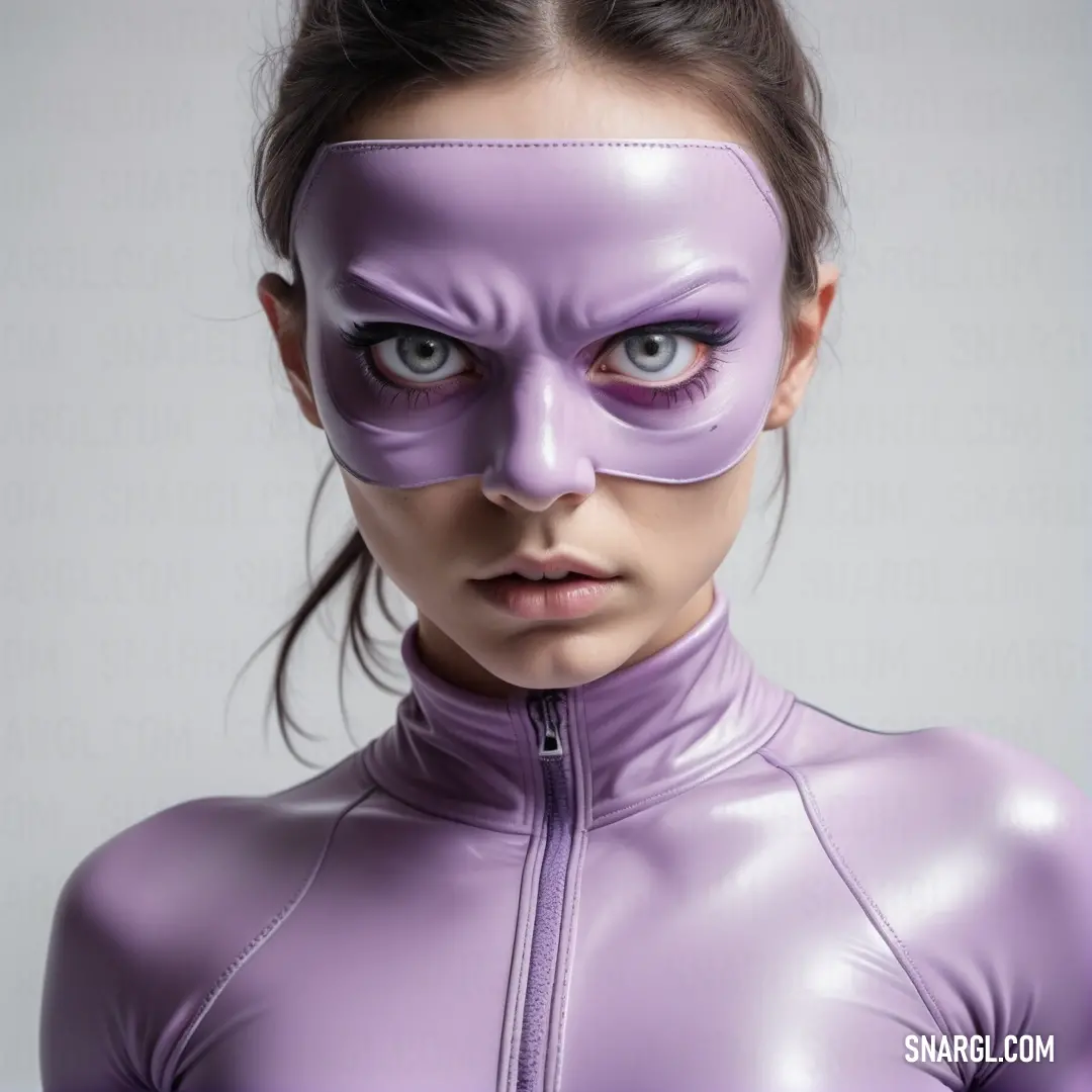 Woman wearing a purple mask and a purple jacket with a zipper on it's chest and a ponytail in her hair. Example of RGB 192,181,213 color.
