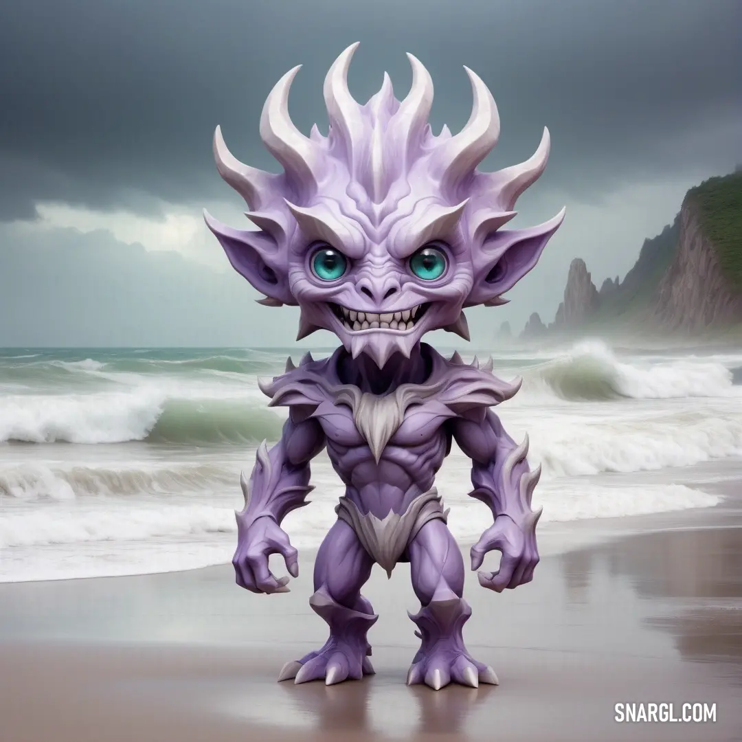 Purple creature with big blue eyes standing on a beach next to the ocean with a dark sky in the background. Example of #BBA5CC color.
