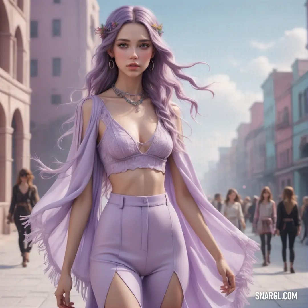 Woman with purple hair and a purple outfit walking down a street with other people in the background. Example of RGB 187,165,204 color.
