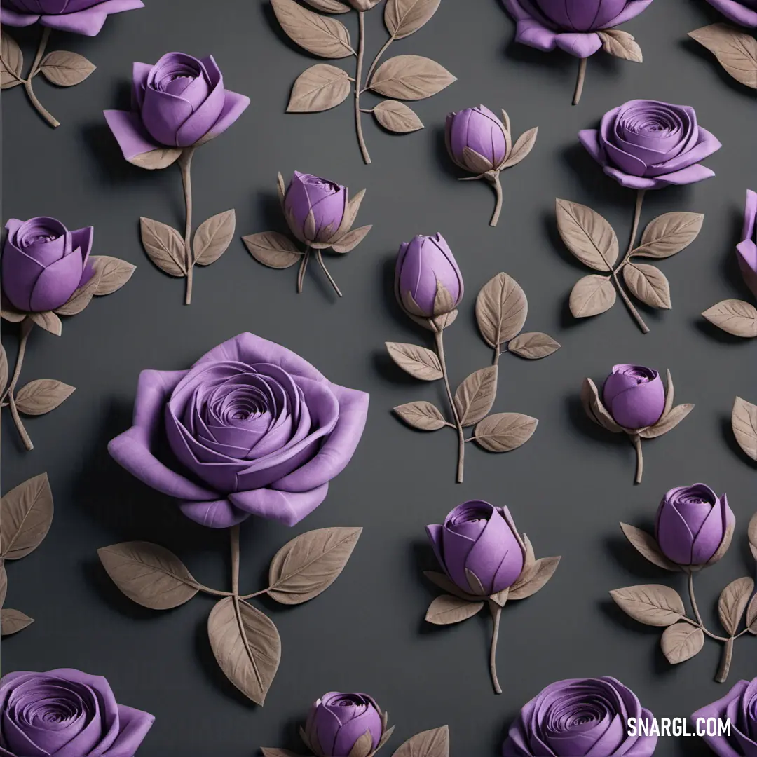 Bunch of purple flowers are on a gray surface with leaves and stems on it. Example of #A498C6 color.