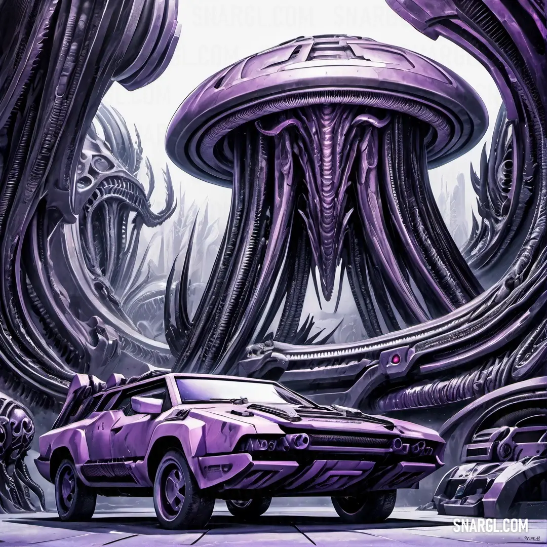 Car is parked in front of a giant alien creature like structure with a giant alien head on it. Example of PANTONE 2645 color.