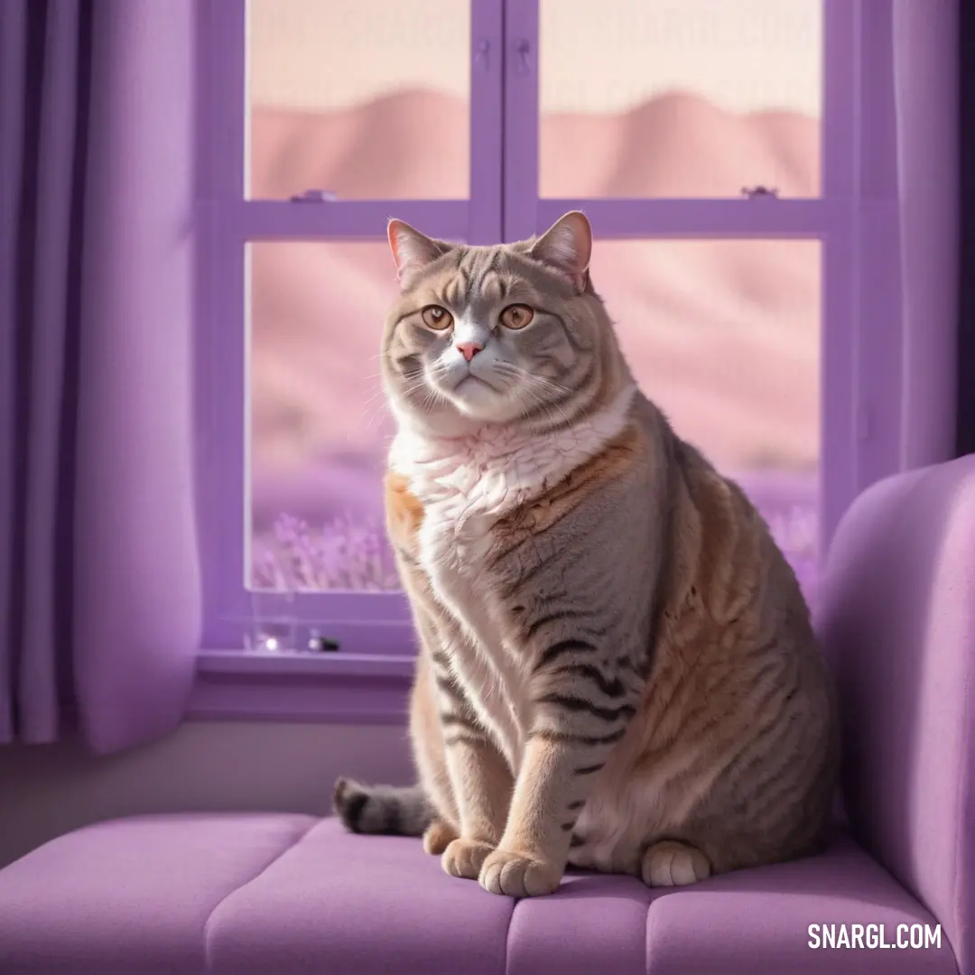 Cat on a purple chair in front of a window with a mountain view in the background. Example of #A498C6 color.