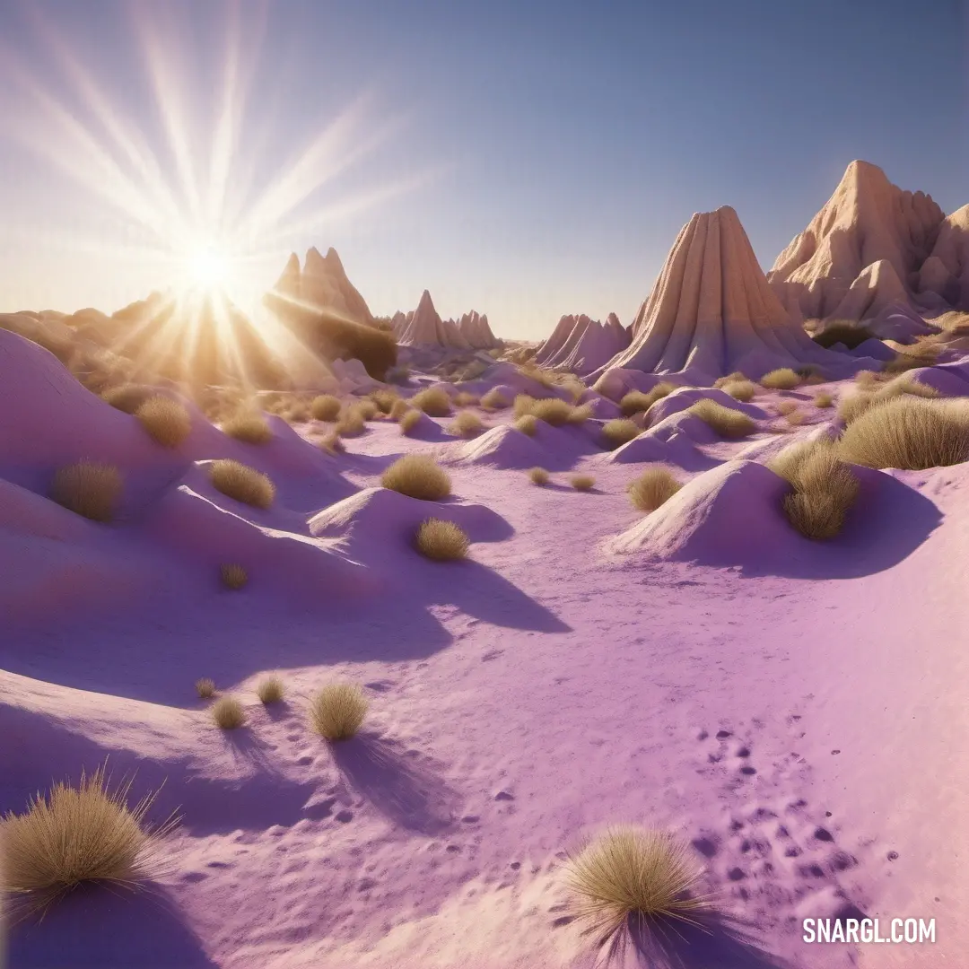 Desert landscape with a sun shining over the mountains and grass in the foreground. Example of RGB 164,152,198 color.