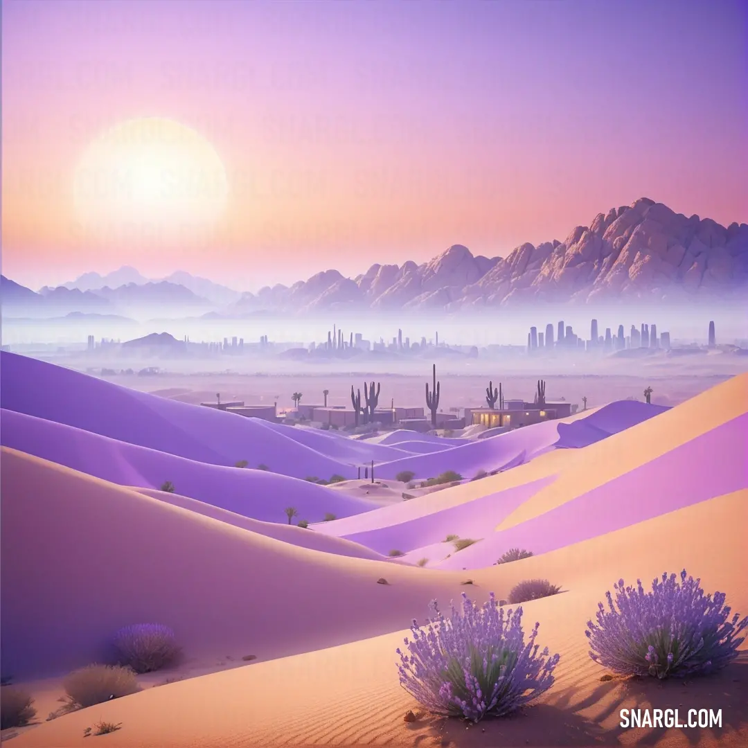 Desert landscape with a desert and mountains in the background. Color CMYK 40,44,0,0.