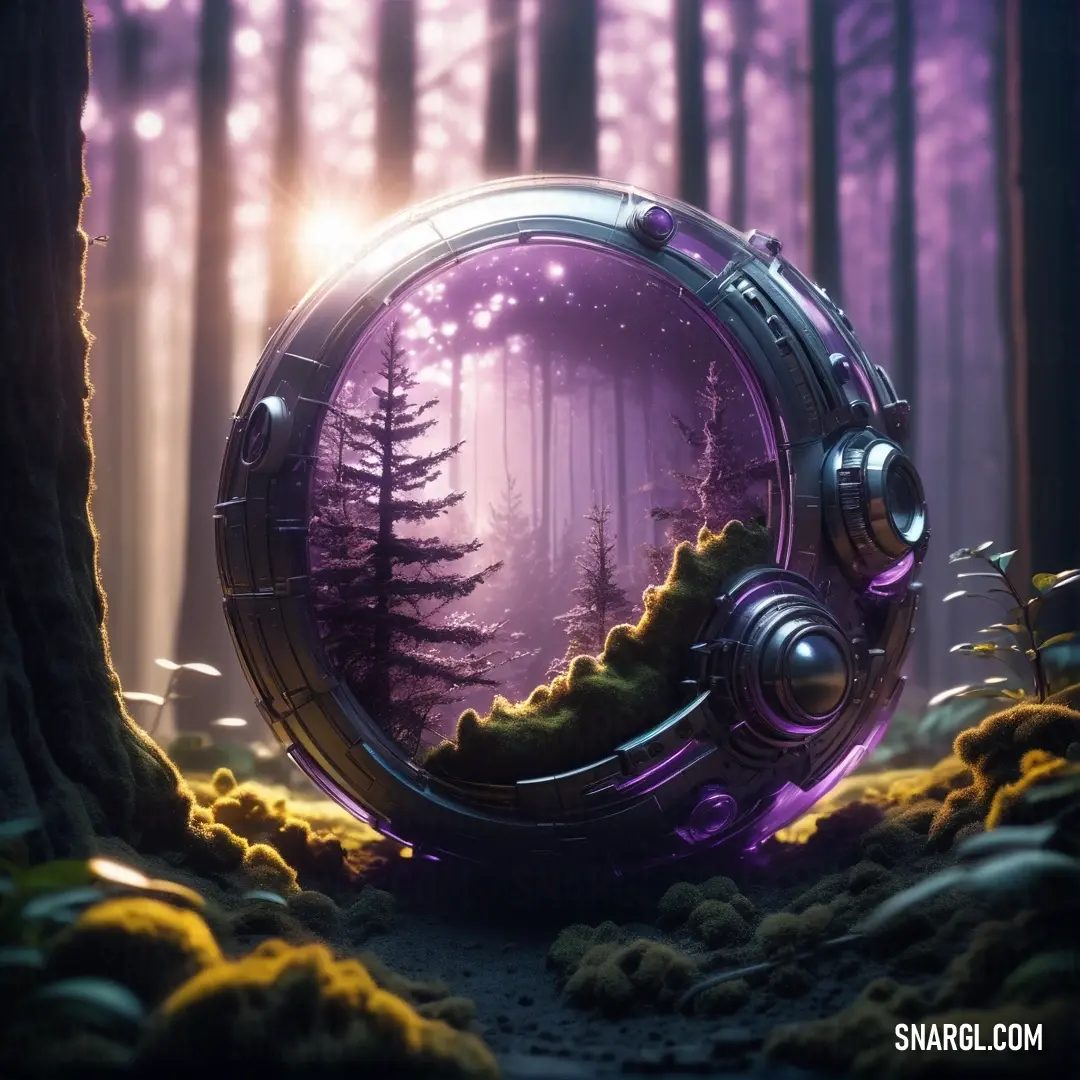 Futuristic looking object in the middle of a forest with trees and moss on the ground and a purple light coming from the inside