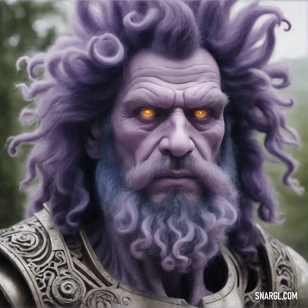 Man with a purple wig and beard with yellow eyes and a beard with curls on it. Example of PANTONE 2645 color.