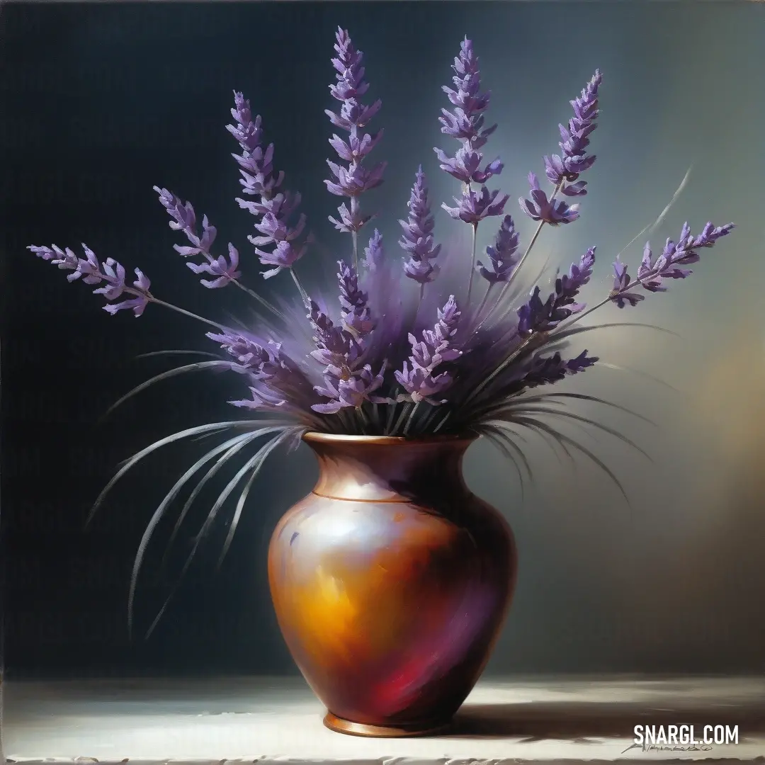 PANTONE 2645 color. Painting of a vase with purple flowers in it on a table top with a gray background