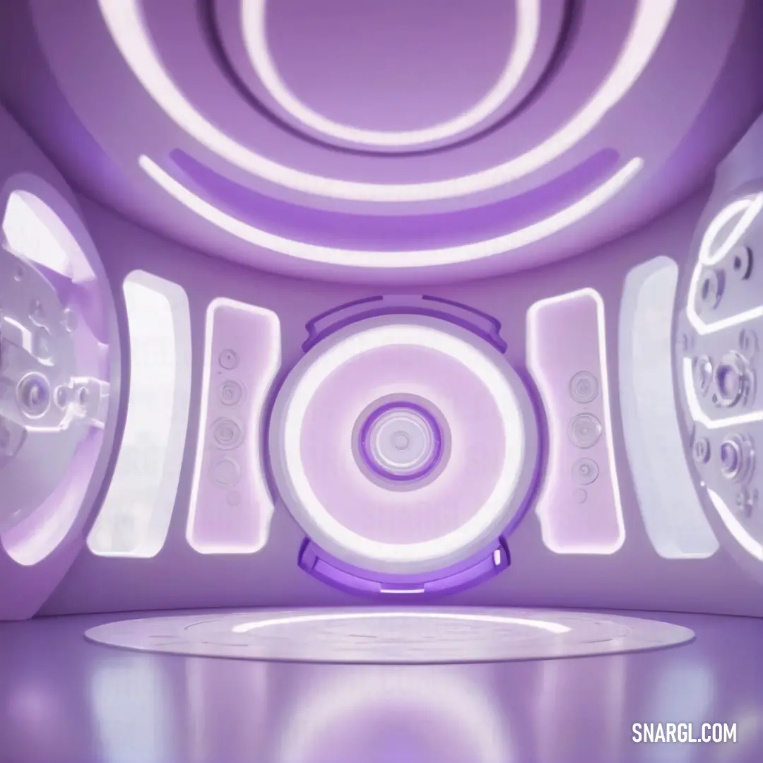 PANTONE 2645 color example: Room with a lot of speakers and lights on it's ceiling and a circular light above it