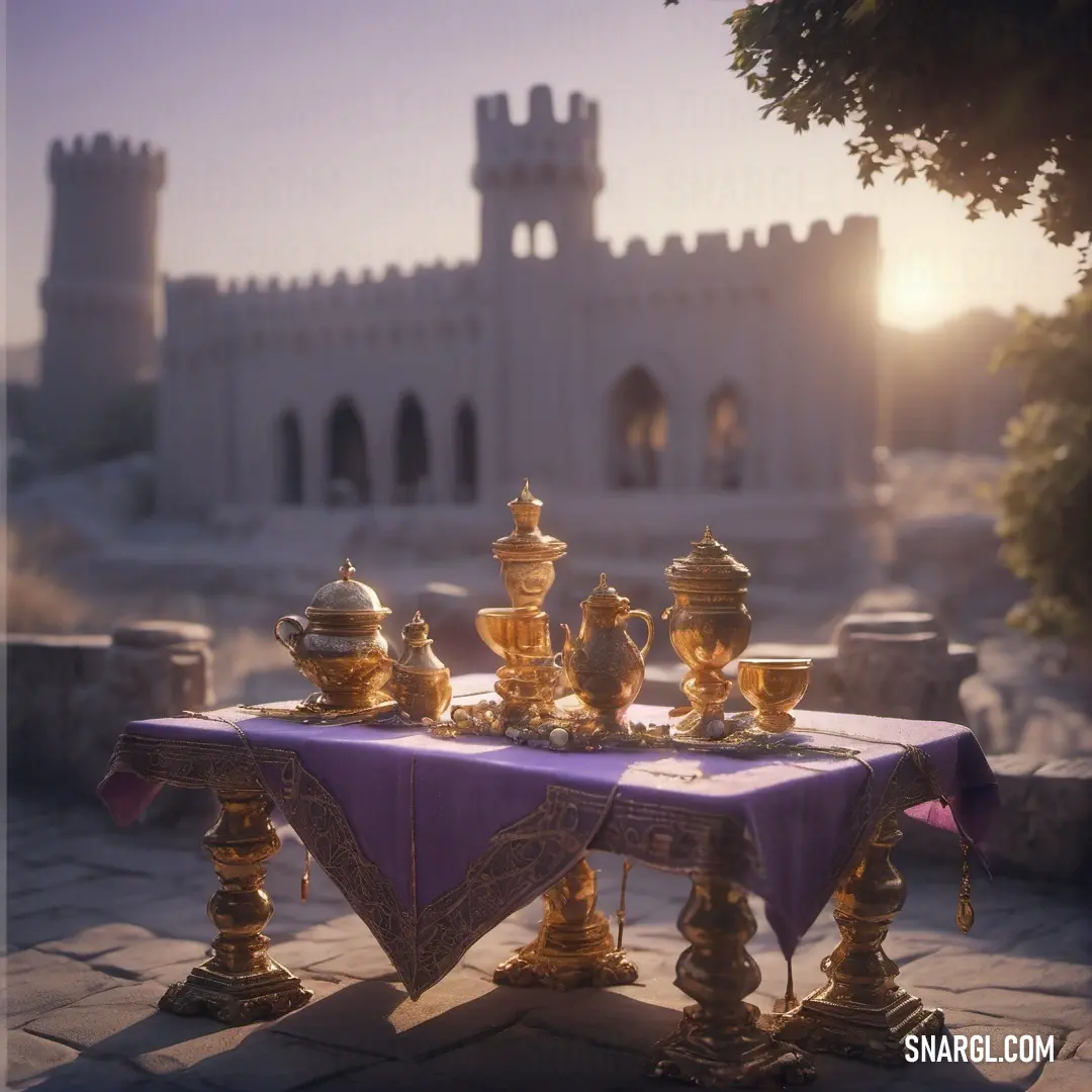 Table with a purple table cloth and gold dishes on it in front of a castle like building with a gate. Example of #A498C6 color.