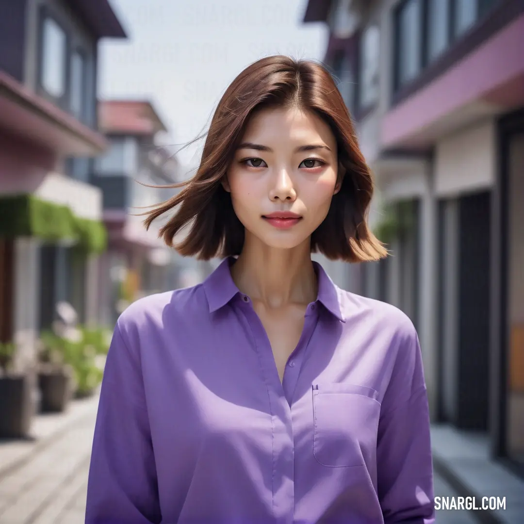 Woman with a short haircut and a purple shirt is standing in front of a row of buildings. Example of PANTONE 2645 color.