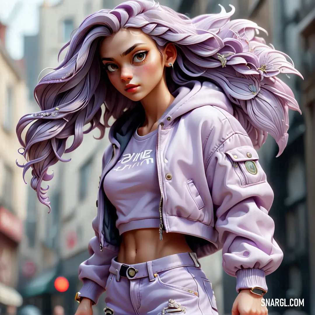 Woman with purple hair and a purple jacket on a city street with buildings in the background. Color #A498C6.