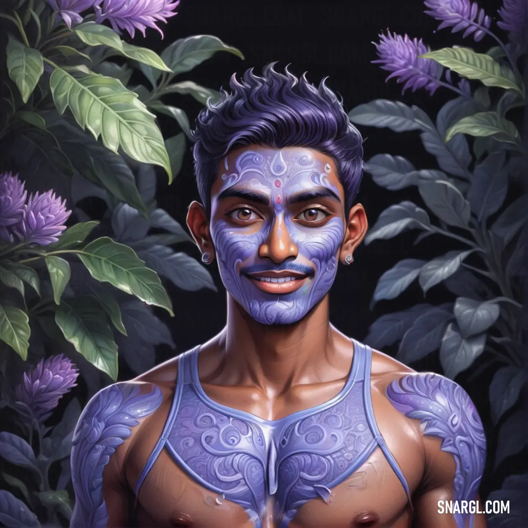 Man with a painted face and body in front of flowers and leaves, with a purple background. Color PANTONE 2655.