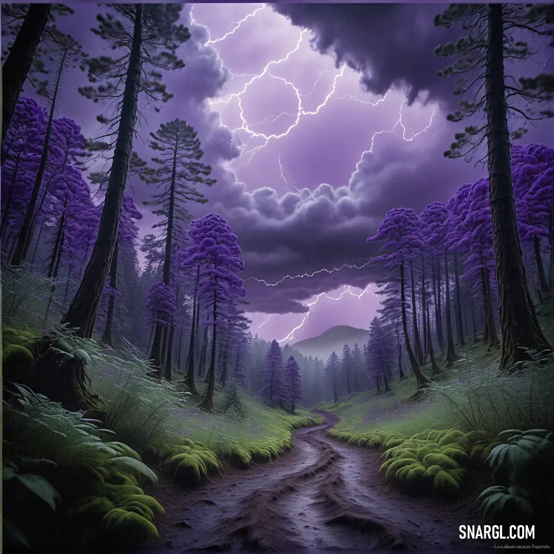 Painting of a forest with a dirt road and a lightning storm in the sky above it and a purple sky. Color #8677B1.