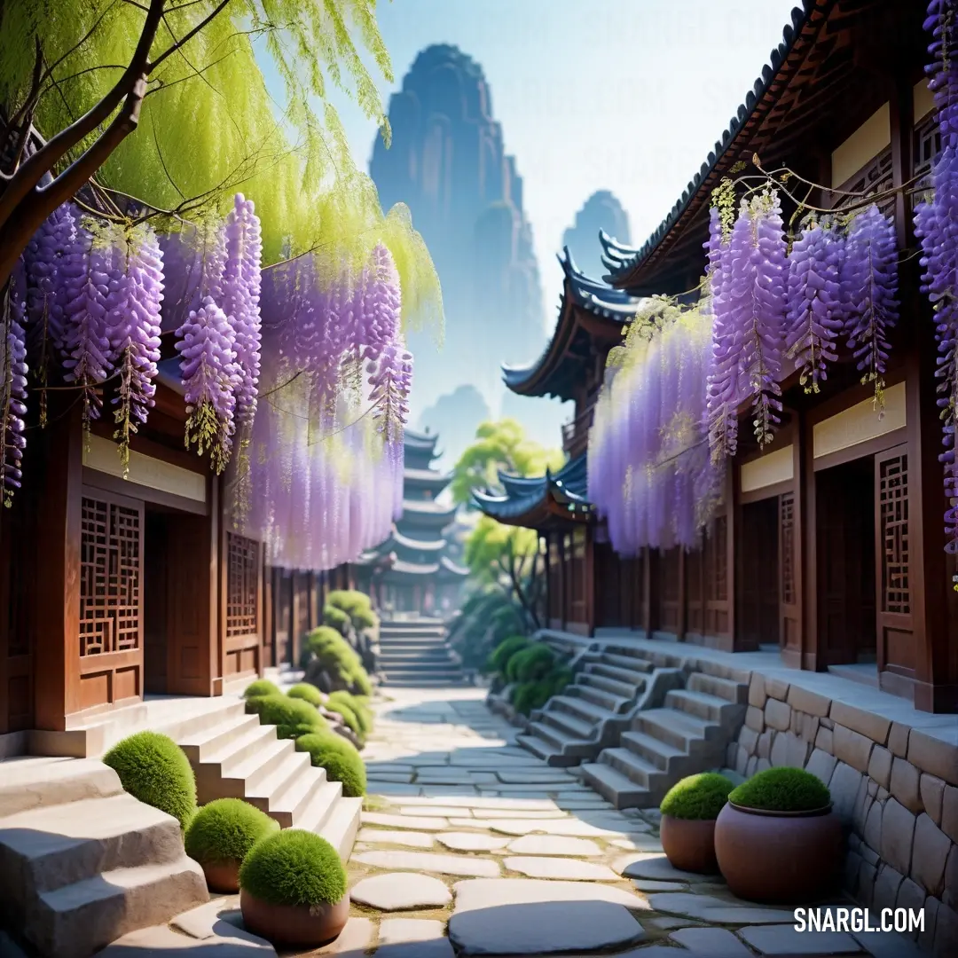 PANTONE 2655 color. Pathway with steps and purple flowers on it in a chinese garden with steps leading to a pagoda and a pagoda