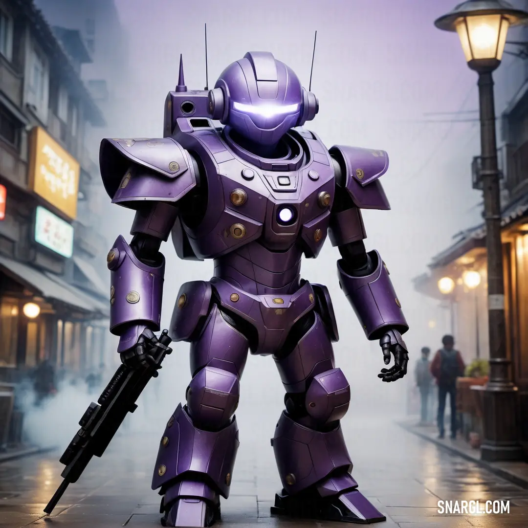Robot that is standing on a sidewalk with a gun in his hand and a person standing next to it. Color PANTONE 2655.