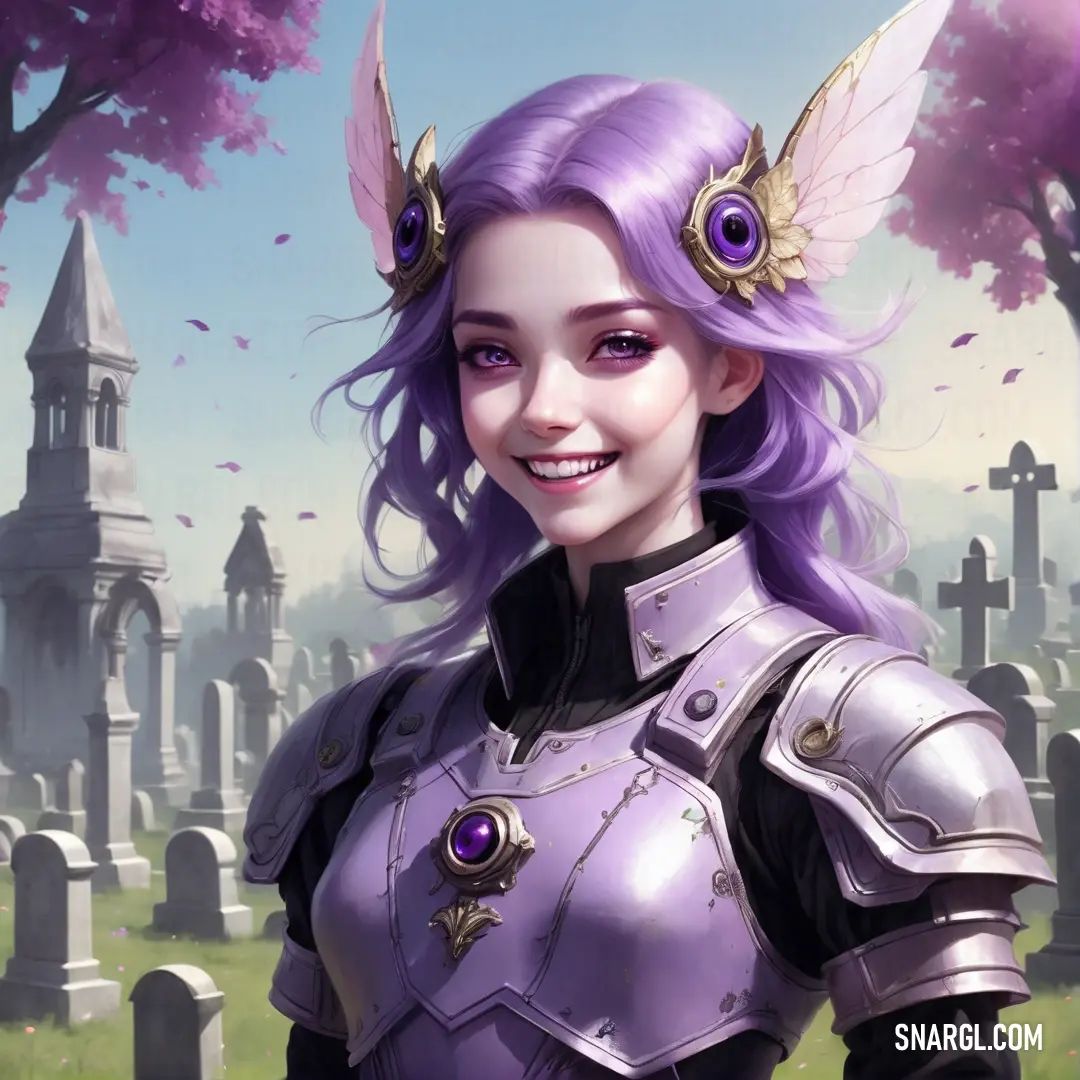 Woman in a purple outfit standing in front of a cemetery with a purple butterfly on her head and a cemetery in the background