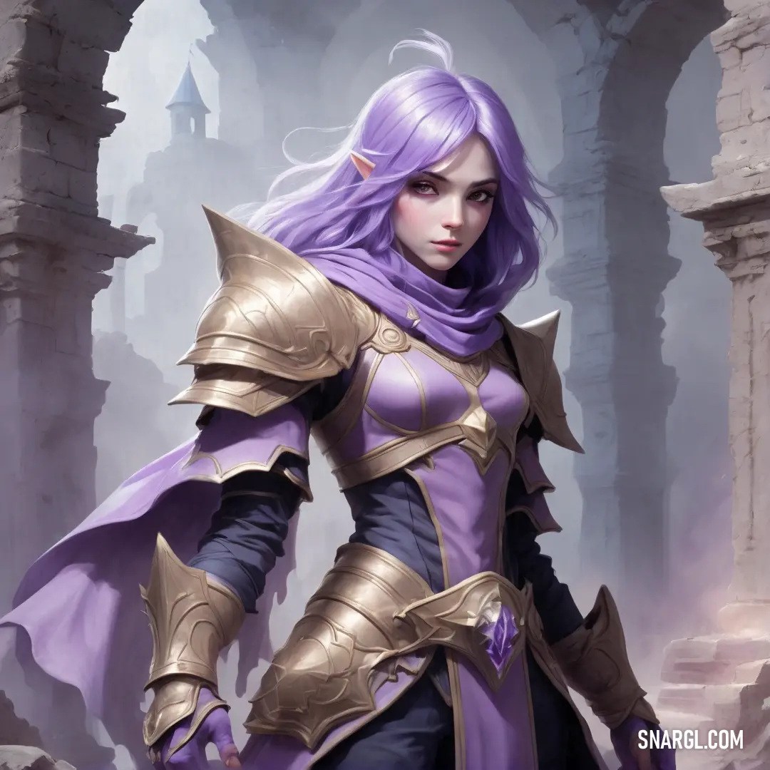 PANTONE 2655 color. Woman in a purple outfit with a sword and armor on her chest and a purple hair and purple hair