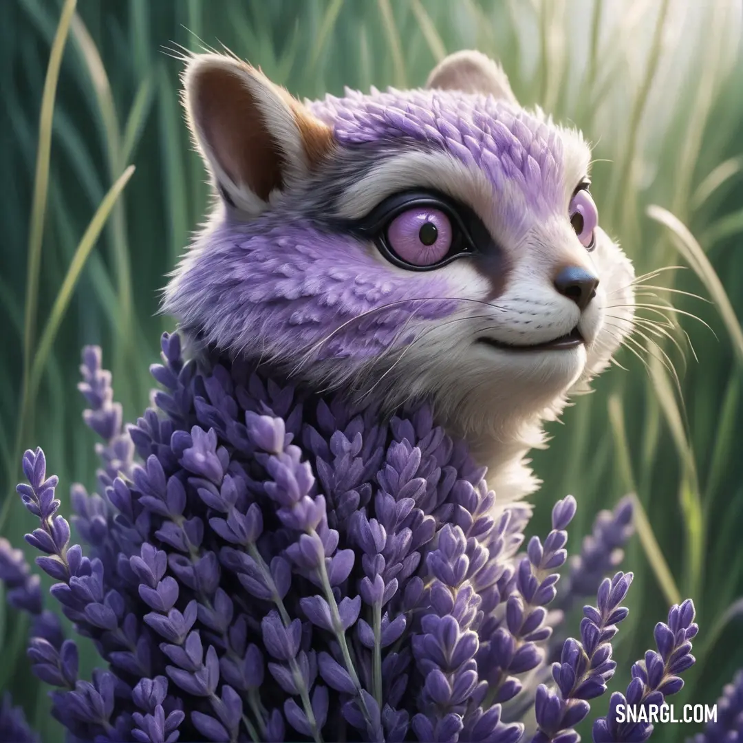 Painting of a purple animal with big eyes and a purple flower in front of it's face. Example of RGB 106,69,147 color.