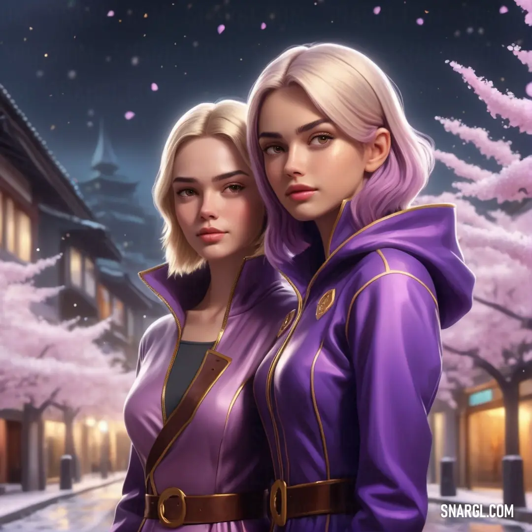 Two women in purple outfits standing next to each other in front of a snowy street with trees and buildings. Color #6A4593.