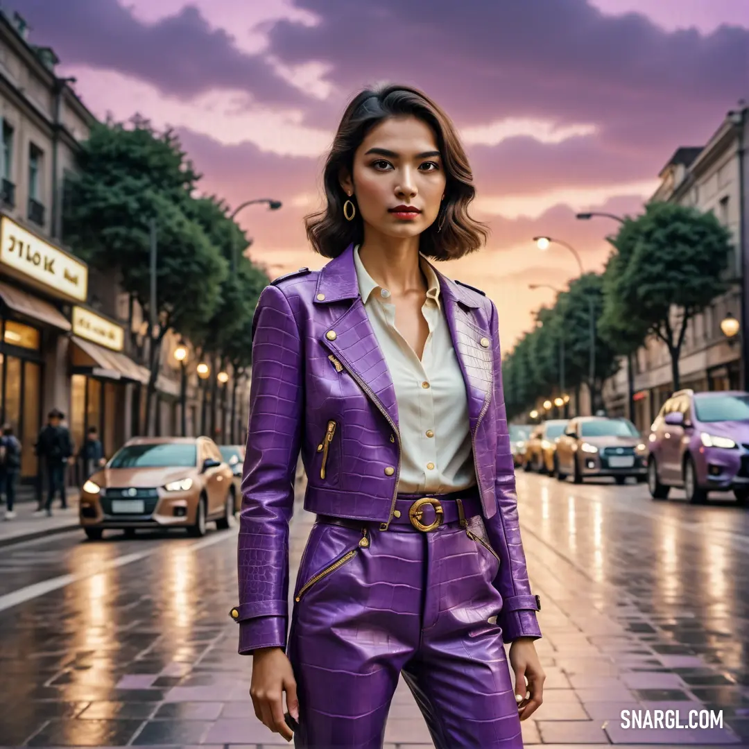 Woman in a purple suit standing on a street corner at dusk with a purple sky in the background. Color RGB 106,69,147.