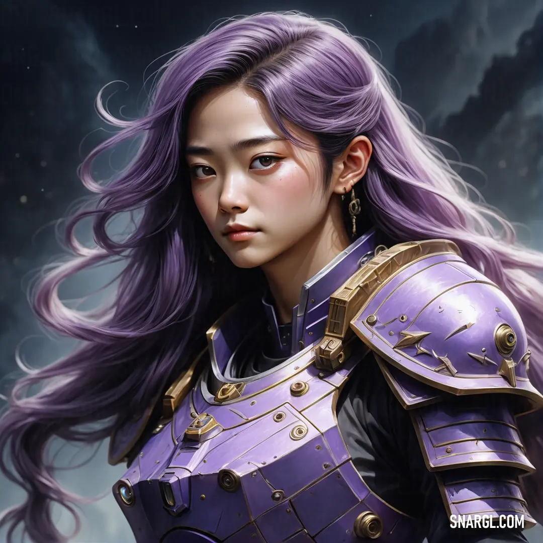 PANTONE 266 color example: Woman with long purple hair and armor on her chest, with a dark background