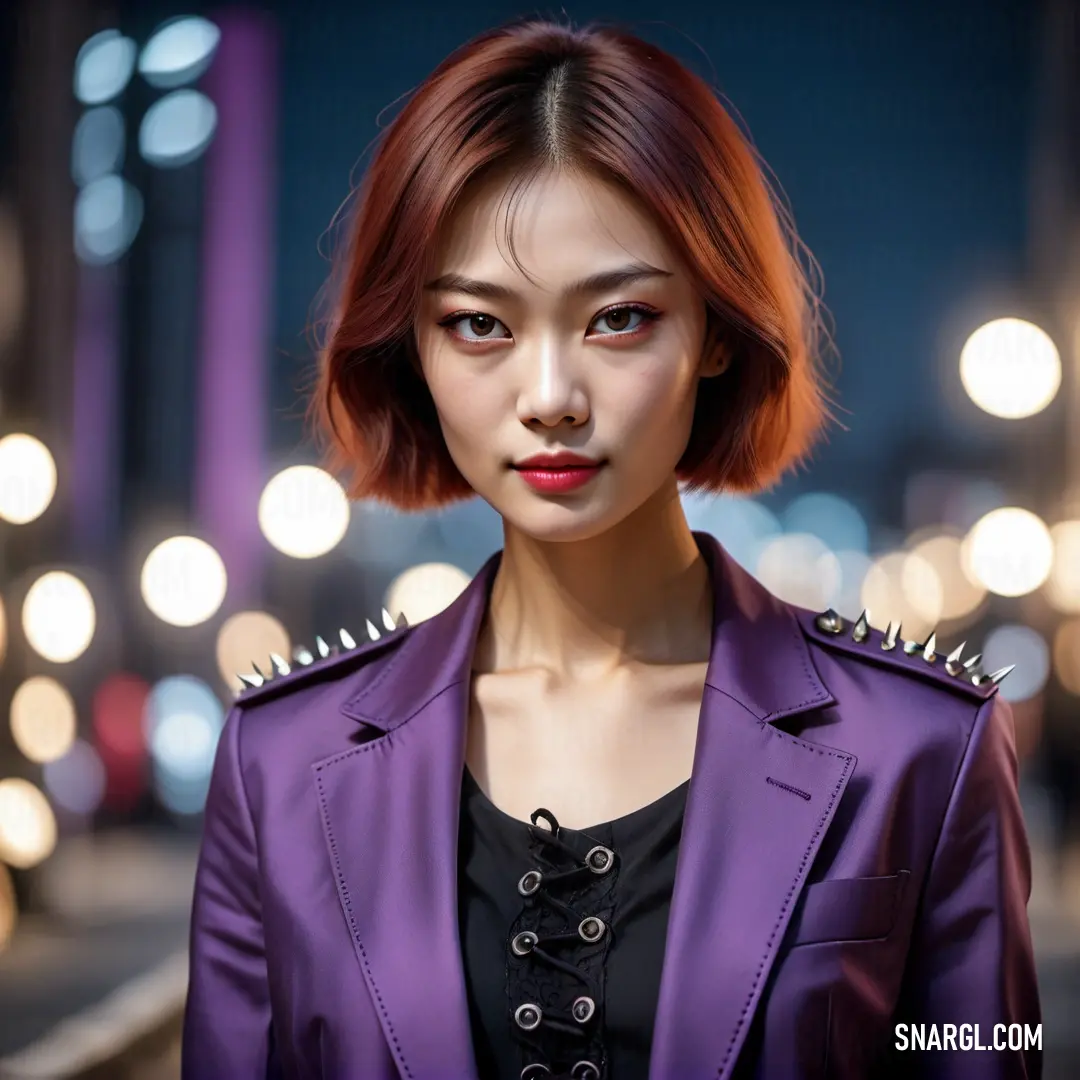 Woman with red hair and a purple jacket on posing for a picture in a city at night with lights. Example of PANTONE 266 color.