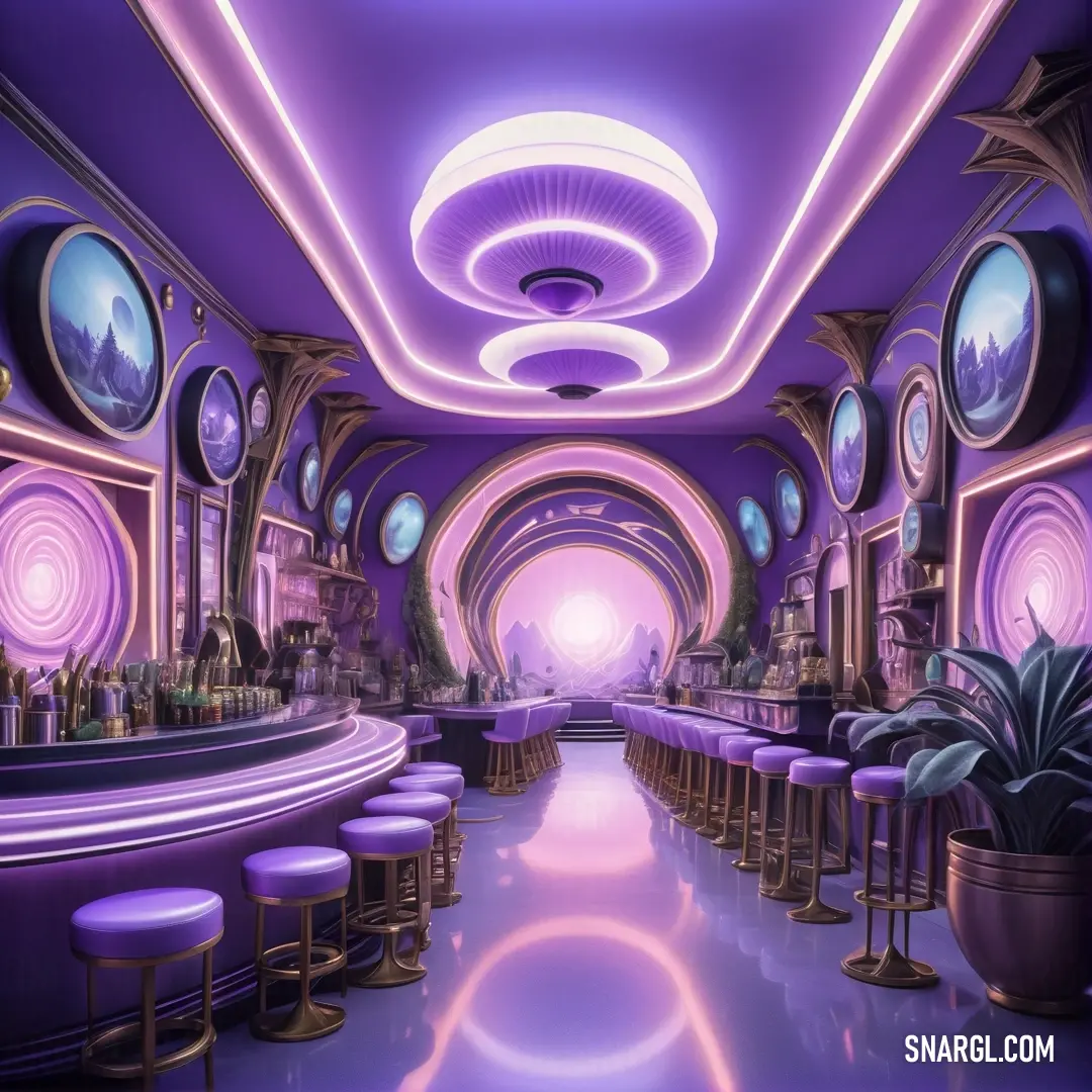Purple bar with a lot of stools and a bar area with a lot of lights on the ceiling. Example of PANTONE 2665 color.
