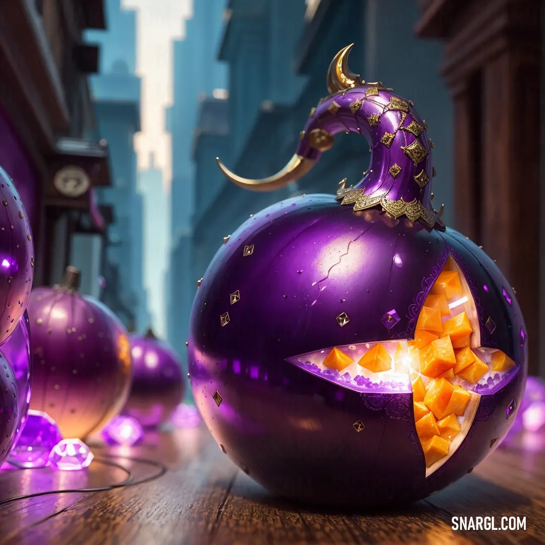 Purple ornament with a dragon on top of it on a table in a city street with purple lights. Example of PANTONE 2665 color.