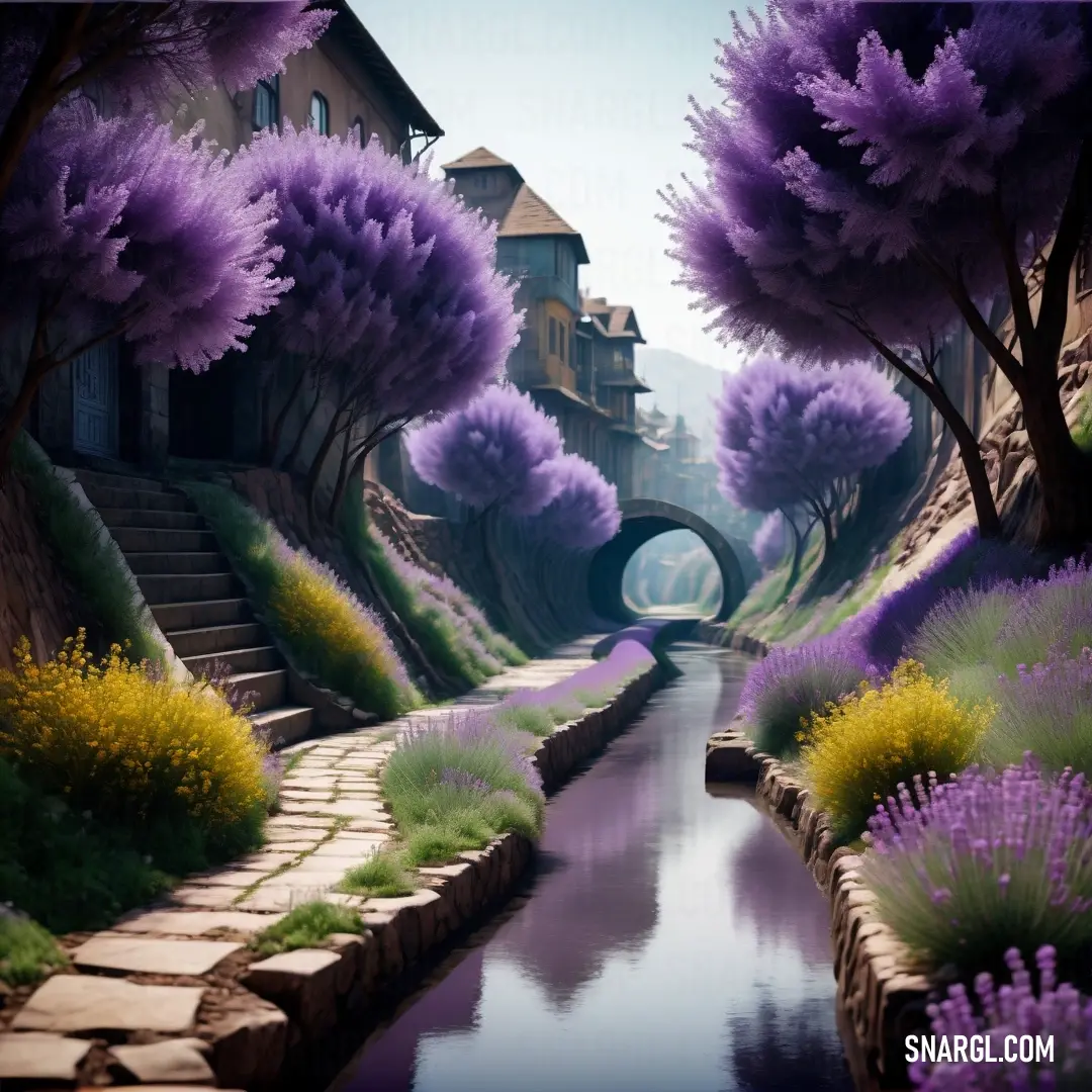 River running through a lush green forest filled with purple flowers and trees next to a stone walkway with a bridge