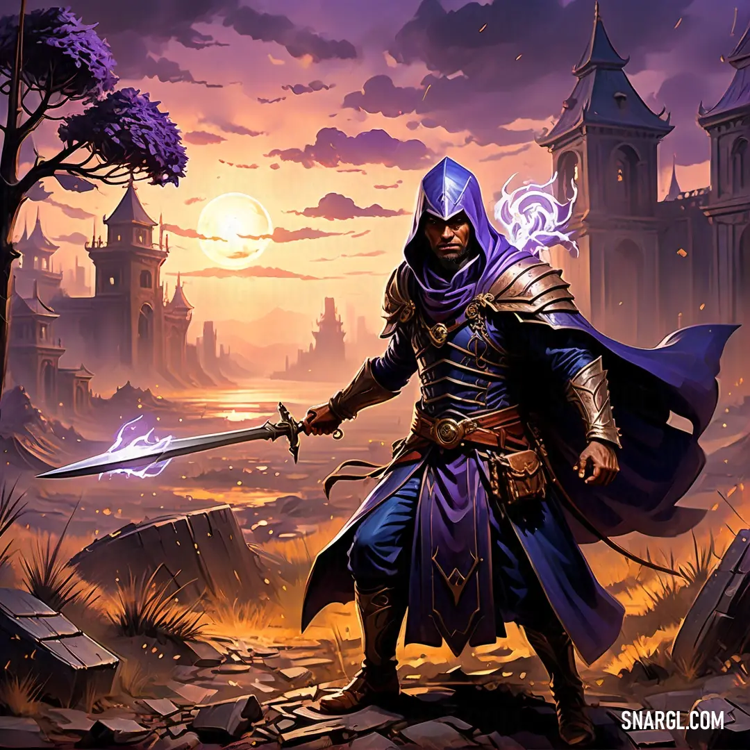 PANTONE 267 color example: Man in a purple outfit holding a sword in front of a castle with a purple sky and sun