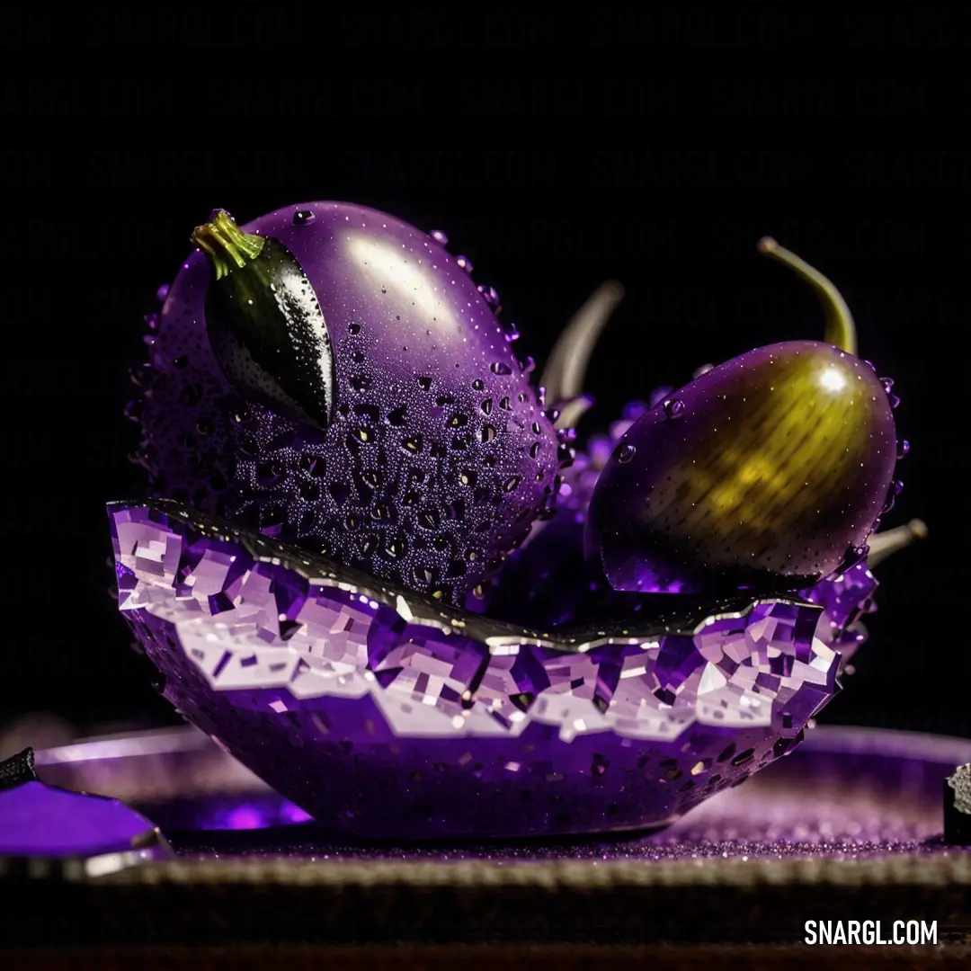 Purple bowl with two plums in it and a purple bowl with a purple flower on it and a purple plate with a purple bowl