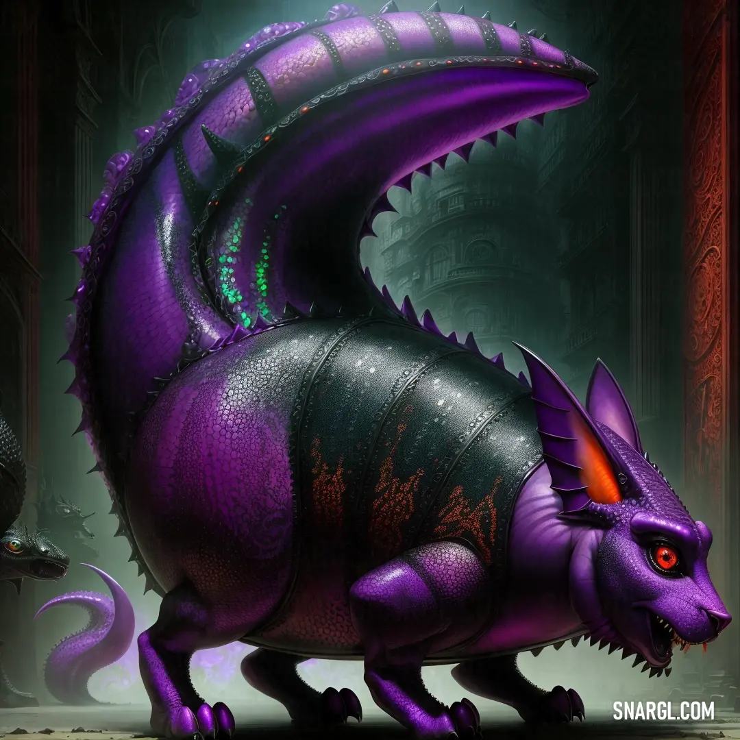 Purple dragon with red eyes and a tail is standing in a dark room with a doorway and a light. Color PANTONE 267.
