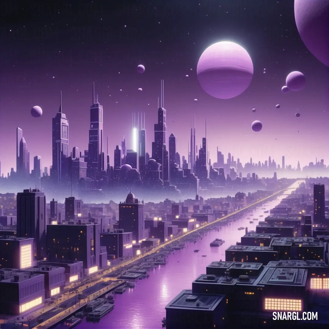 Futuristic city with a lot of planets in the sky and a river running through it with a bridge in the foreground