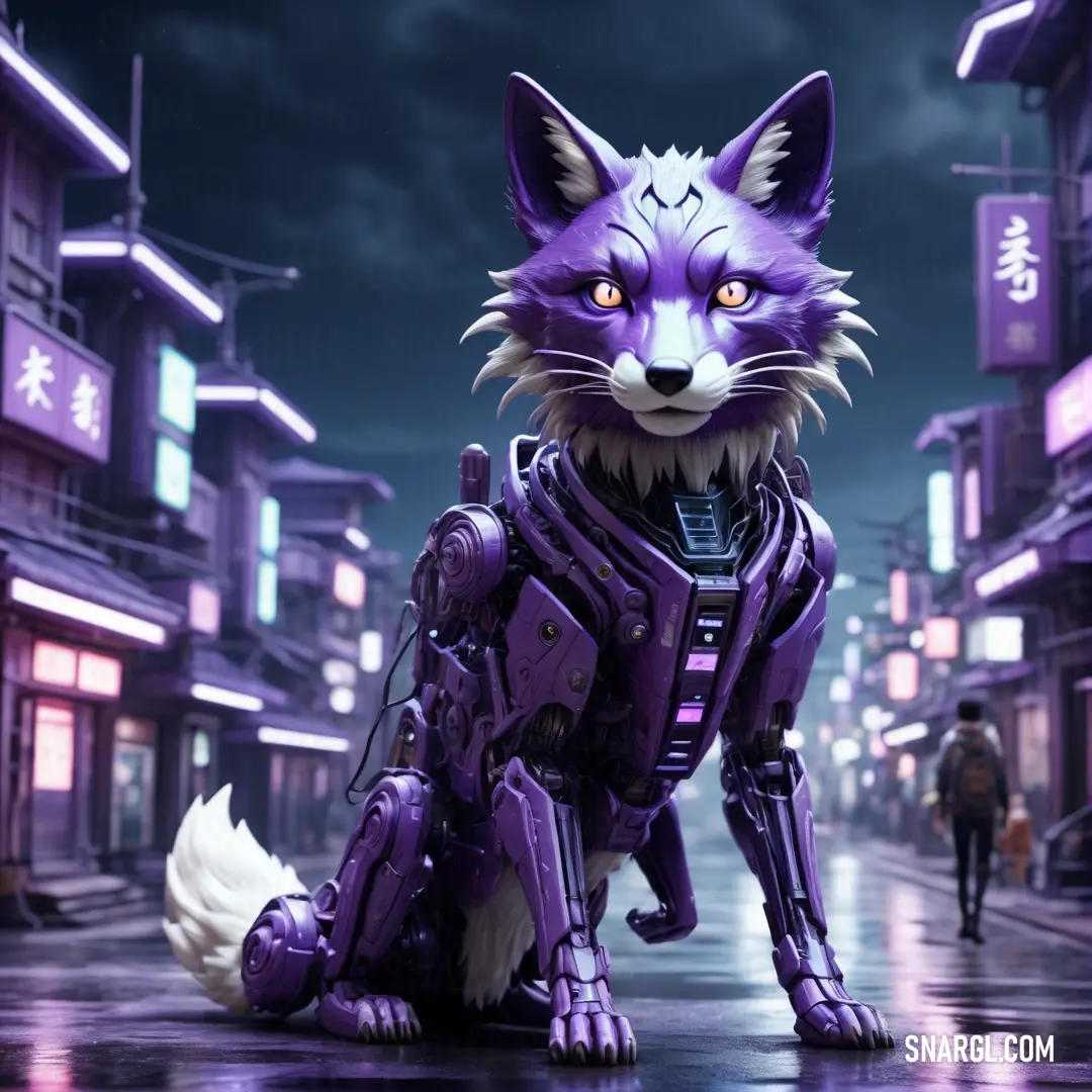 Purple cat is standing in the middle of a city street at night with a man walking by it