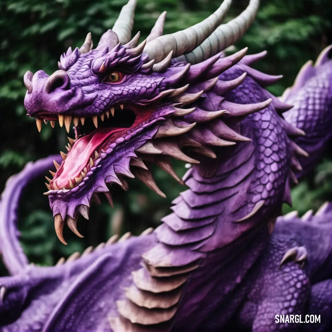 Purple dragon statue with its mouth open
