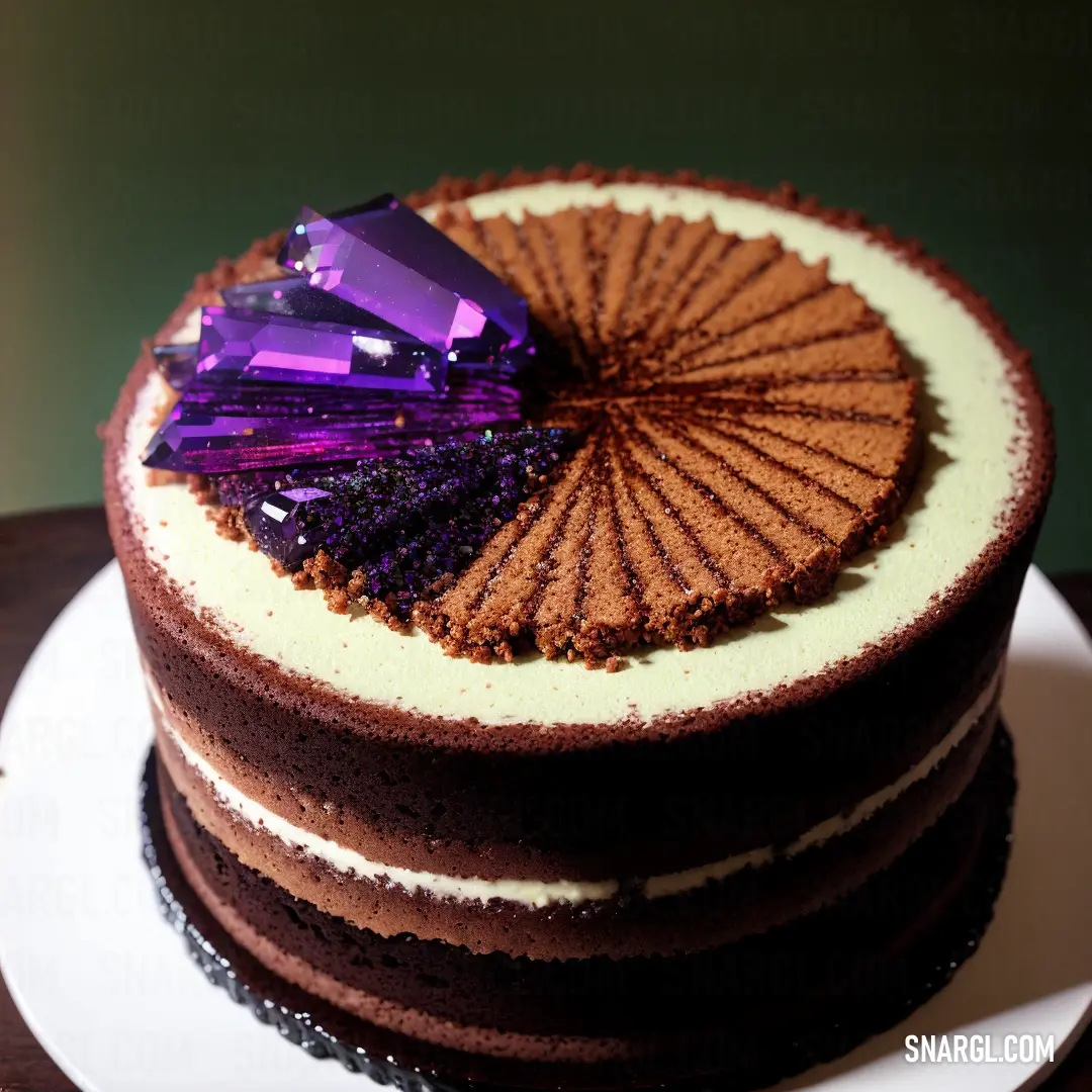 Chocolate cake with a purple decoration on top of it on a plate on a table with a green wall. Example of CMYK 90,99,0,8 color.