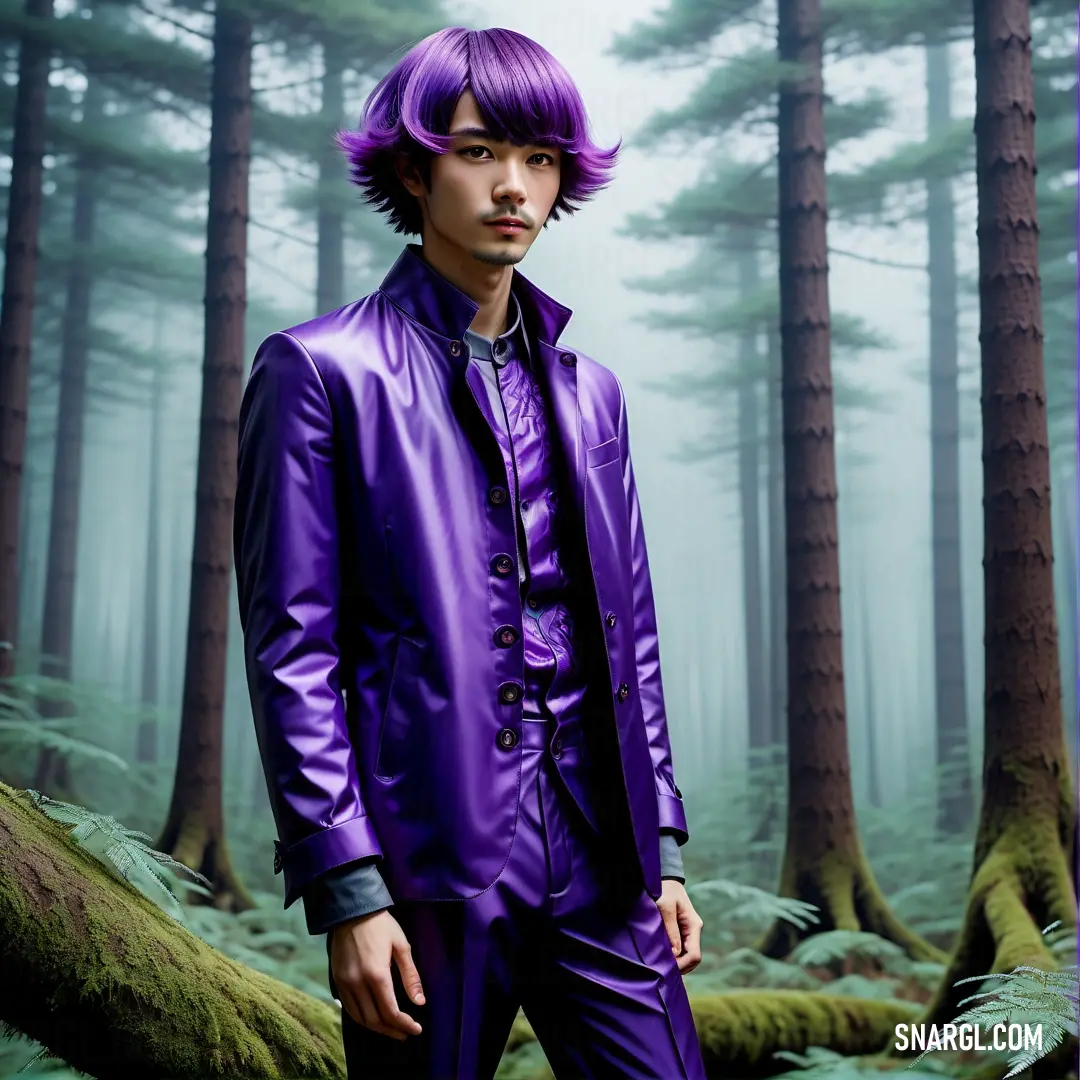 Man with purple hair standing in a forest with trees and ferns in the background. Example of CMYK 90,99,0,8 color.