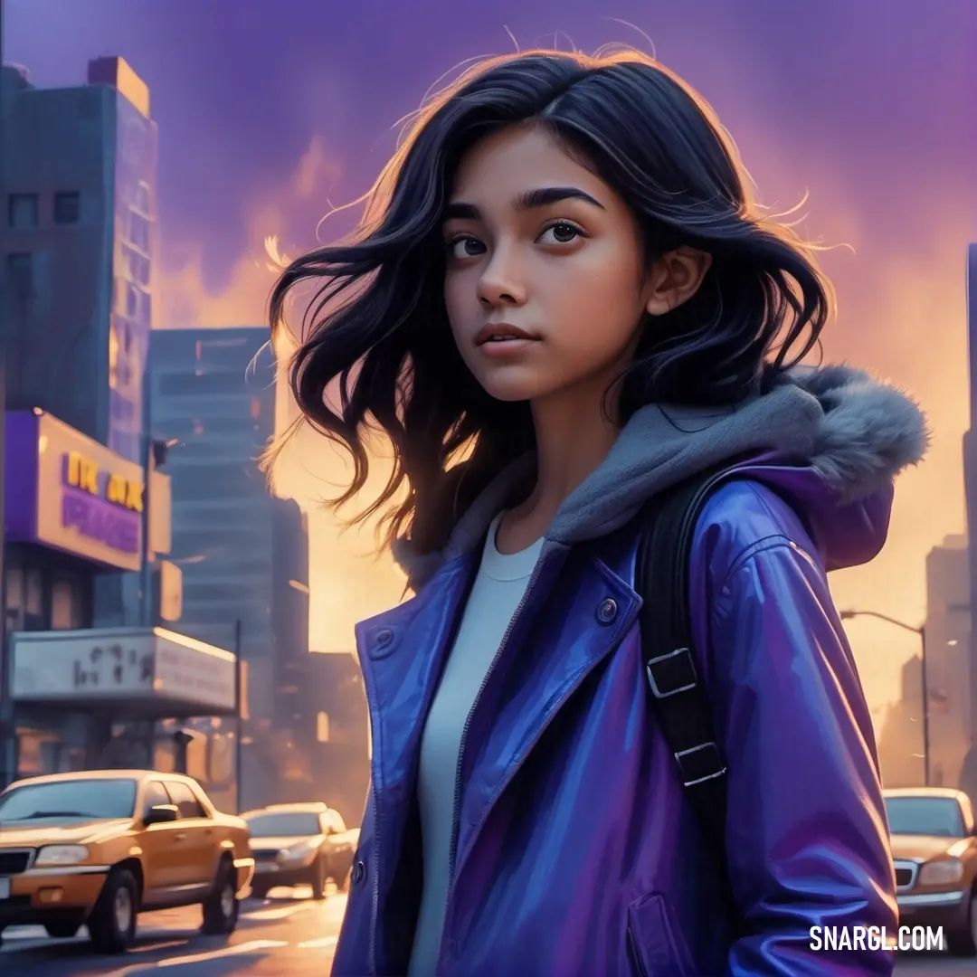Woman in a purple jacket is standing in the street with a city in the background. Color #42337E.