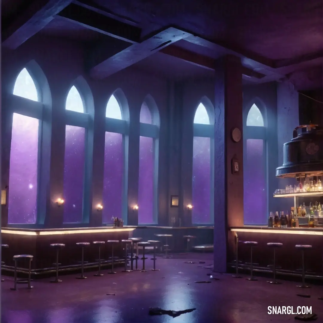 Bar with a purple light and a large window with a clock on it's side and a bar with stools and a bar. Example of CMYK 80,98,5,27 color.