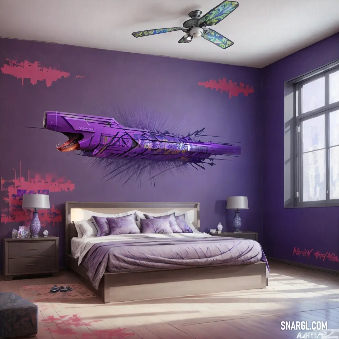 What color is CMYK 80,98,5,27? Example - Bedroom with a purple wall and a bed with purple sheets and pillows and a ceiling fan