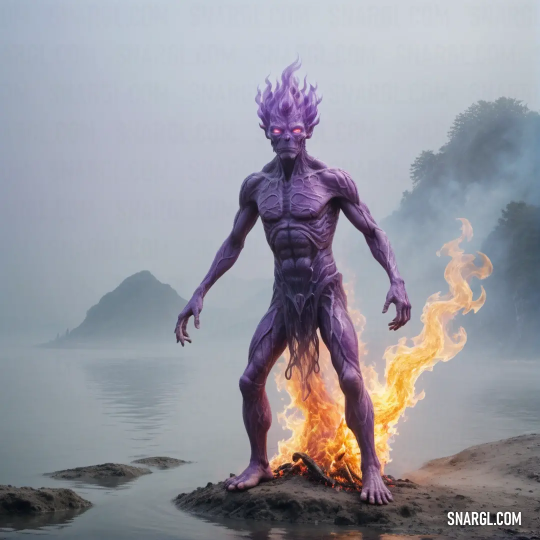 PANTONE 269 color example: Man standing on a rock next to a fire pit with a body of fire in it's hands