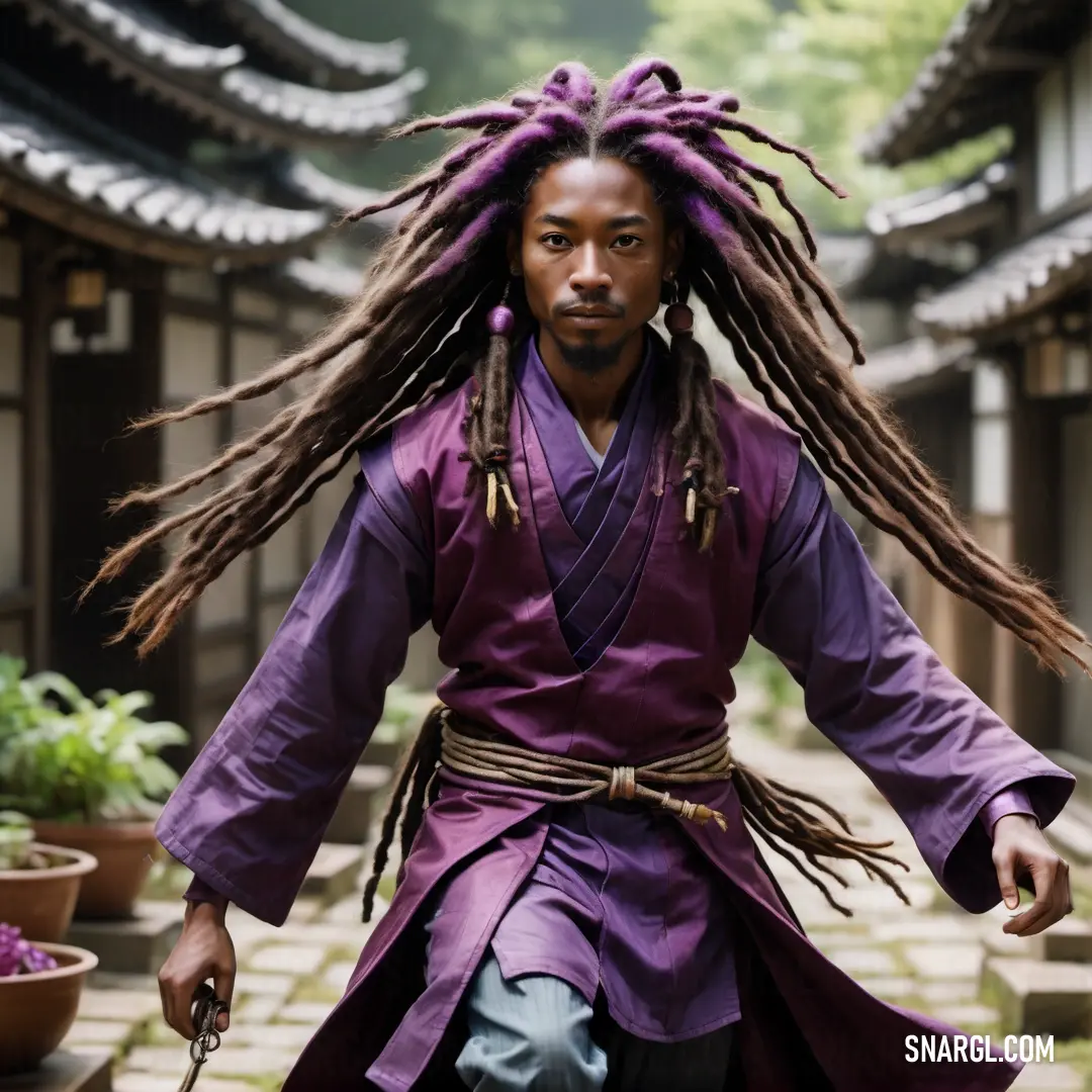#522D6A color example: Man with dreadlocks walking down a street in a purple outfit with a purple robe on